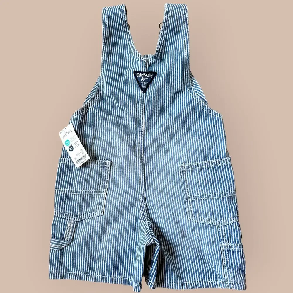 OshKosh B'gosh Railroad Striped Bib Shortalls Overalls Unisex 2T Blue White New